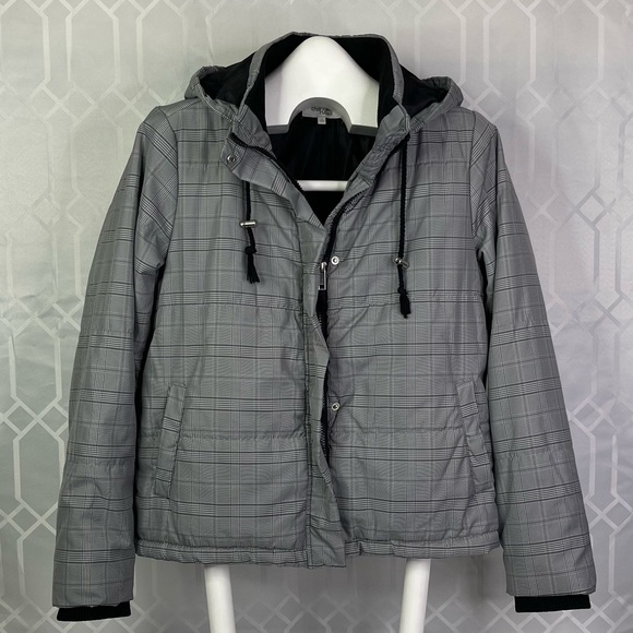 Charlotte Russe Glen Plaid Hooded Puffer Anorak Jacket Black&Gray Women's Size M - Picture 1 of 11